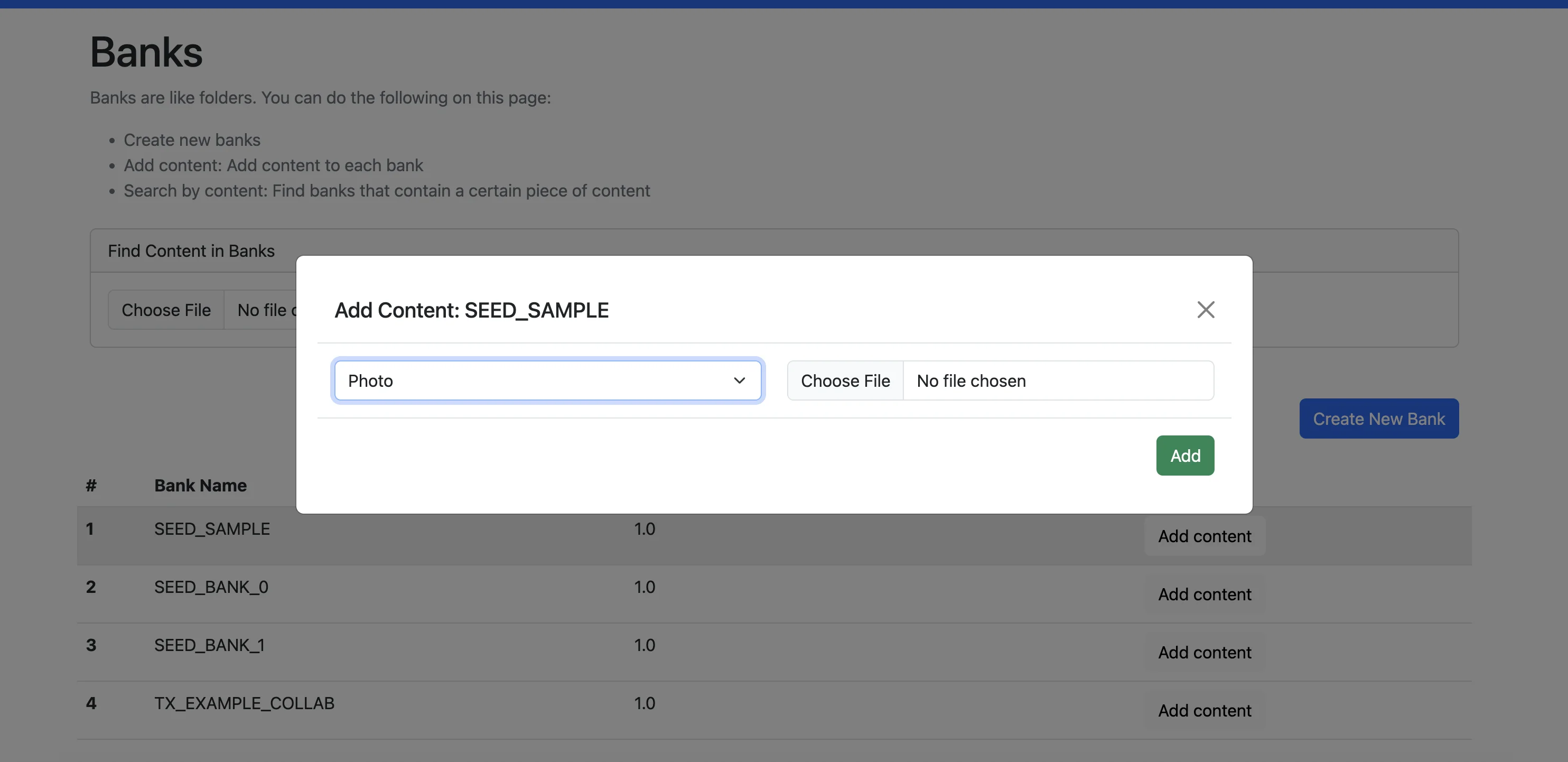 Add bank content modal