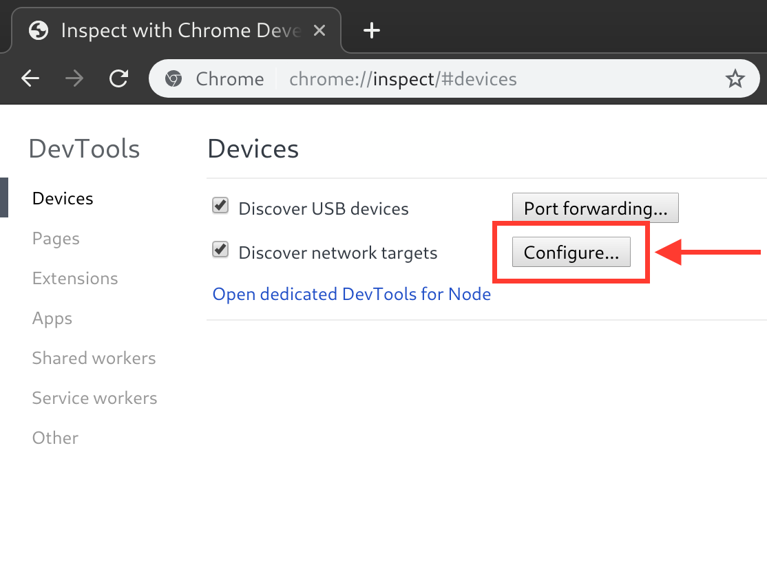 Chrome DevTools设备页面中的“配置”按钮